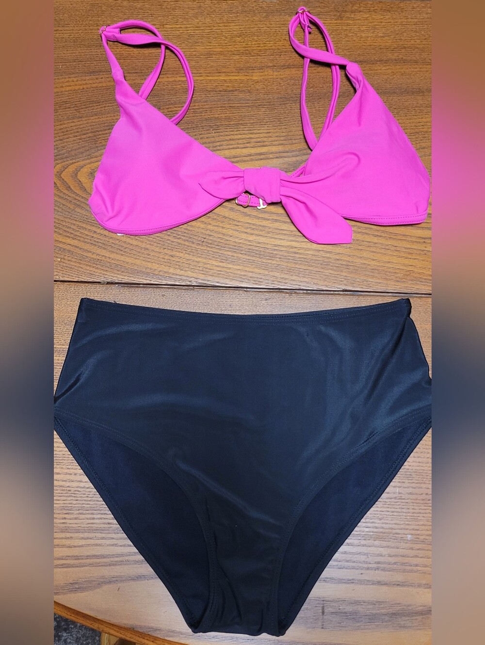 Hot Pink Bikini Top with Black High-Waist Bottoms